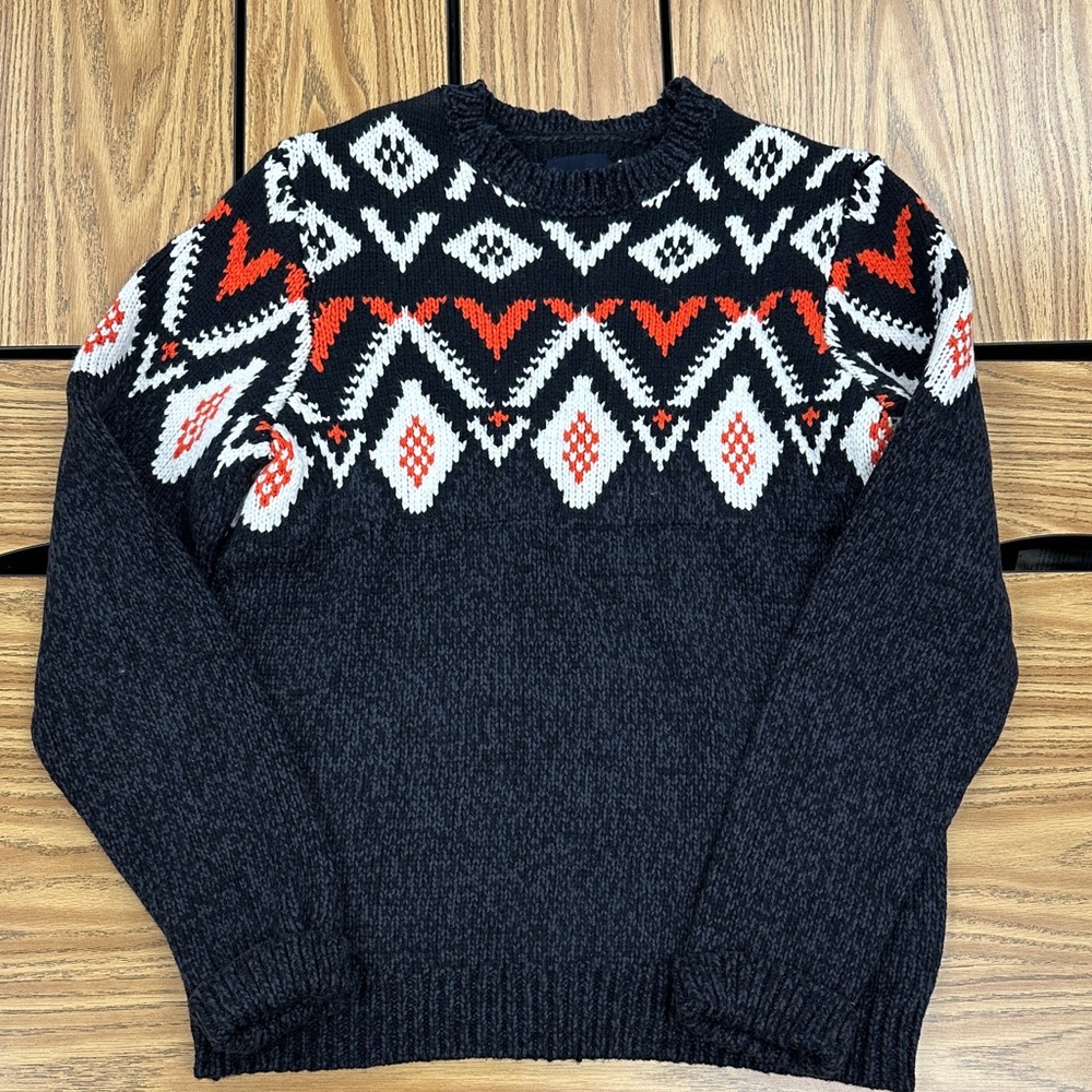 Lucky Brand Men's Black Fair Isle Crewneck Sweater with Red & White Pattern NWOT
